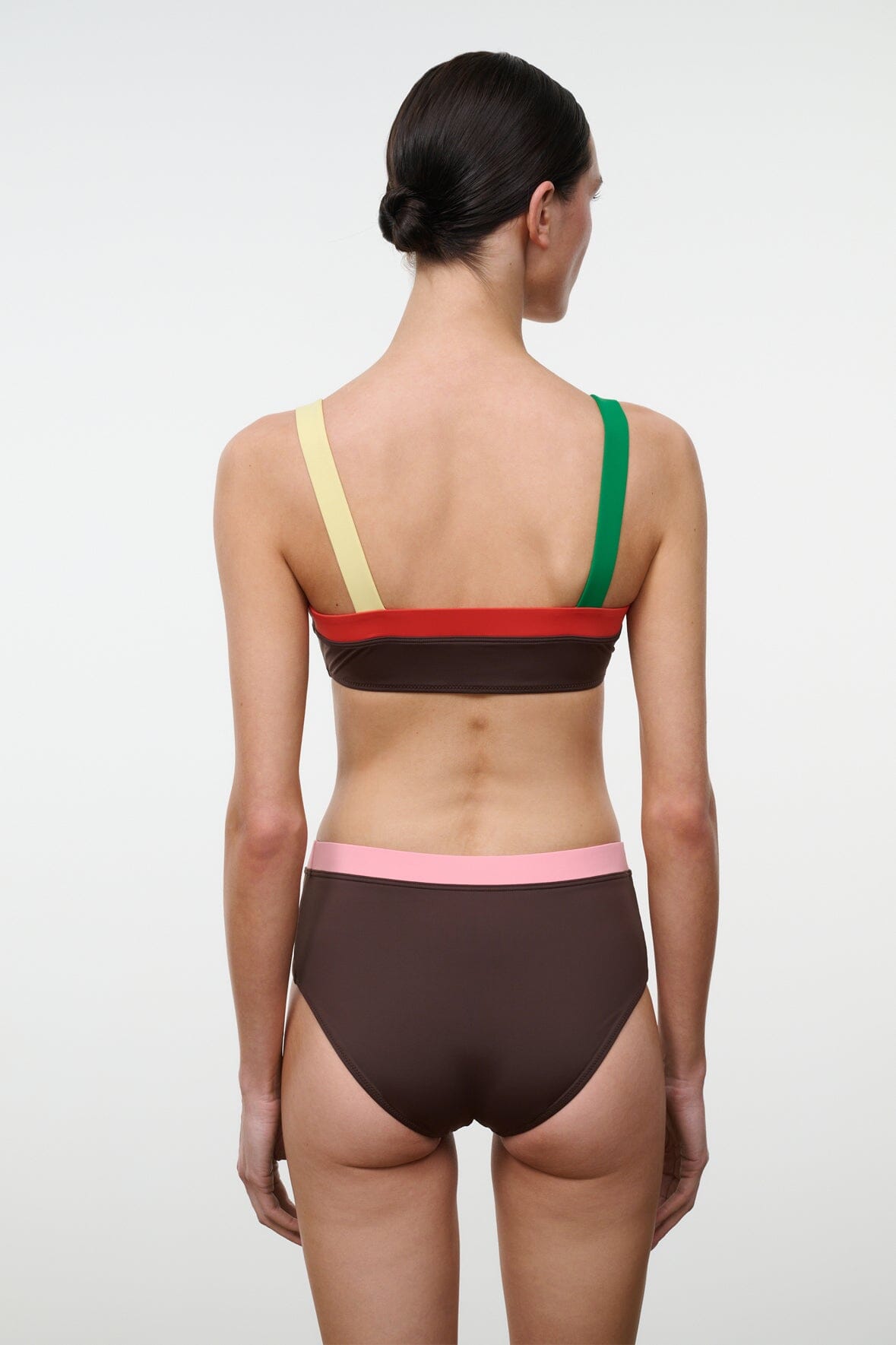 High-rise bikini bottom back view in dark brown with multicolor waistband bands