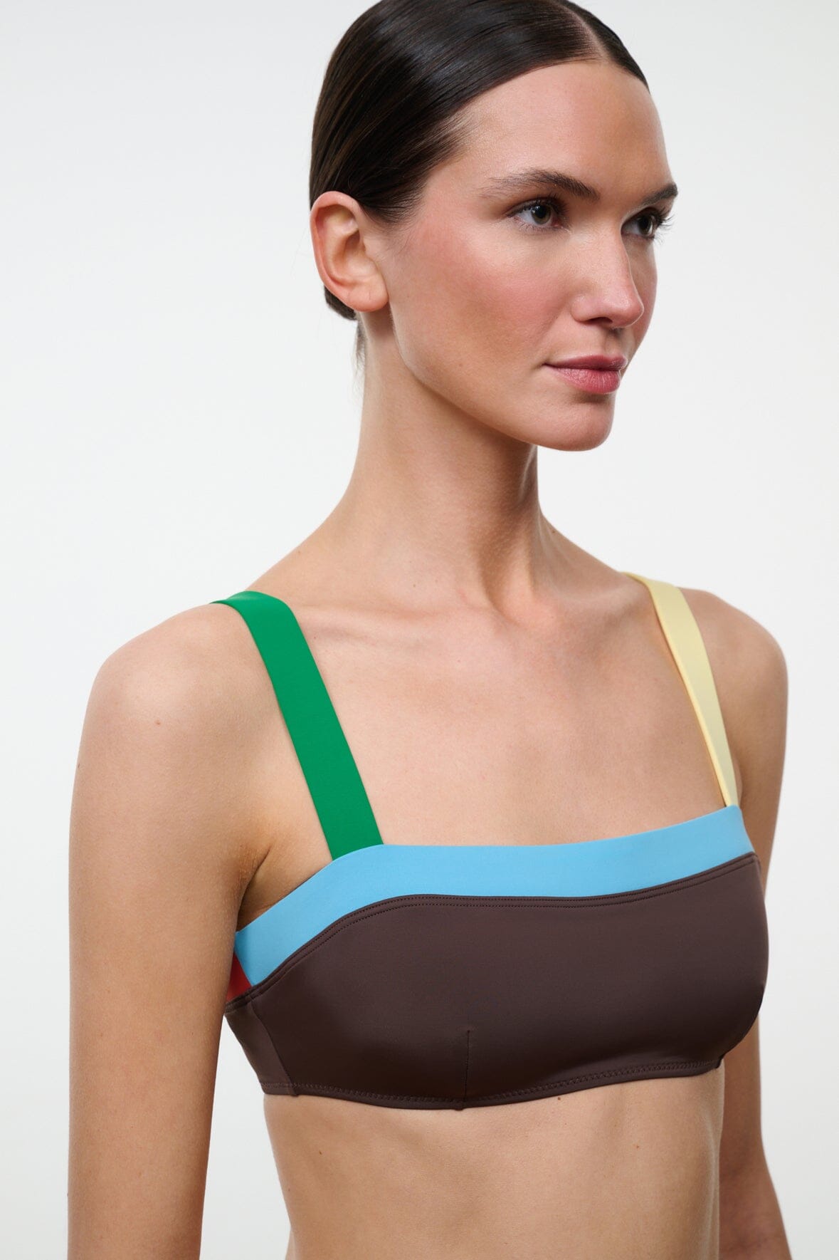 Bikini top with dark chocolate brown bandeau and green, yellow, blue contrast straps