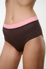High-rise bikini bottom in dark brown with pink waistband and smooth low-cut leg