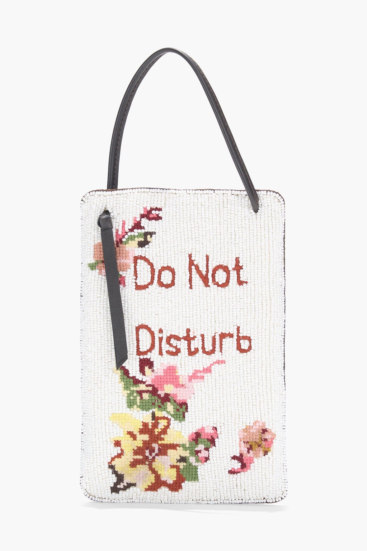 White beaded door sign with 'Do Not Disturb' text and floral border, gray handle