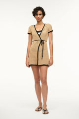 Crochet coverup dress with black trim, short sleeves, tie waist
