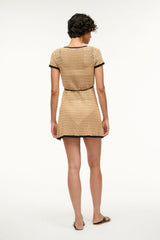 Back view crochet coverup dress with short sleeves and tie-back waist
