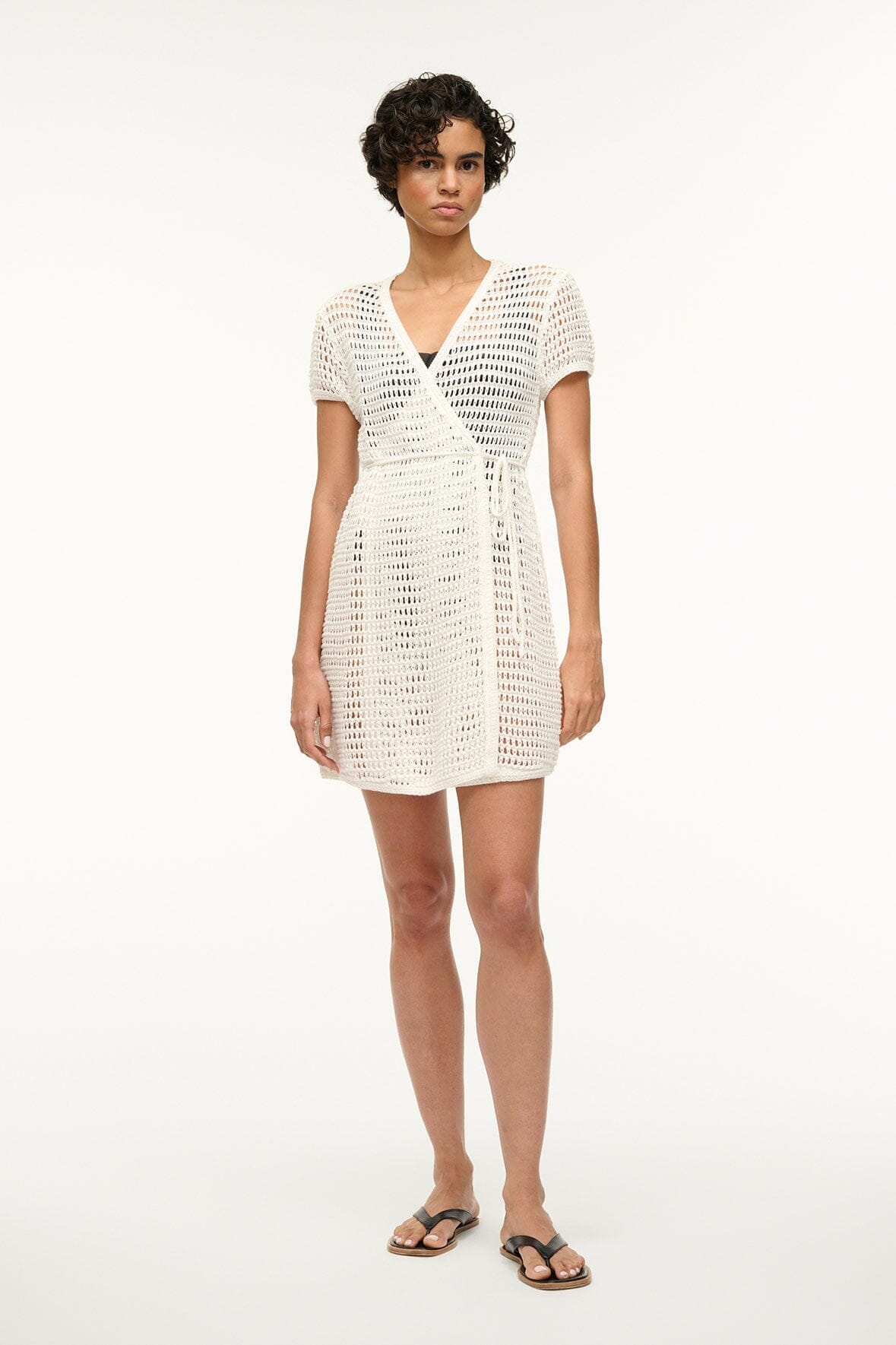 Ivory crochet V-neck coverup dress with short sleeves and tied waist