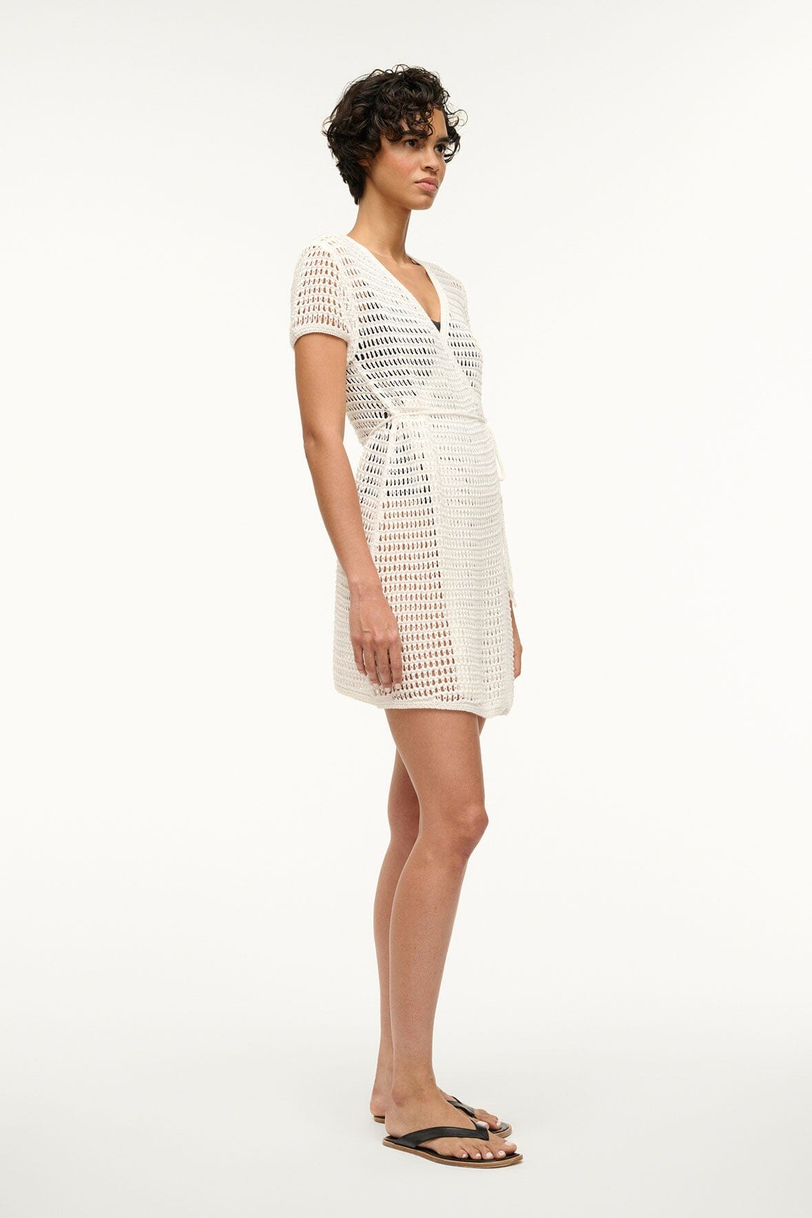 Ivory crochet V-neck coverup dress, short sleeves, side tie detail
