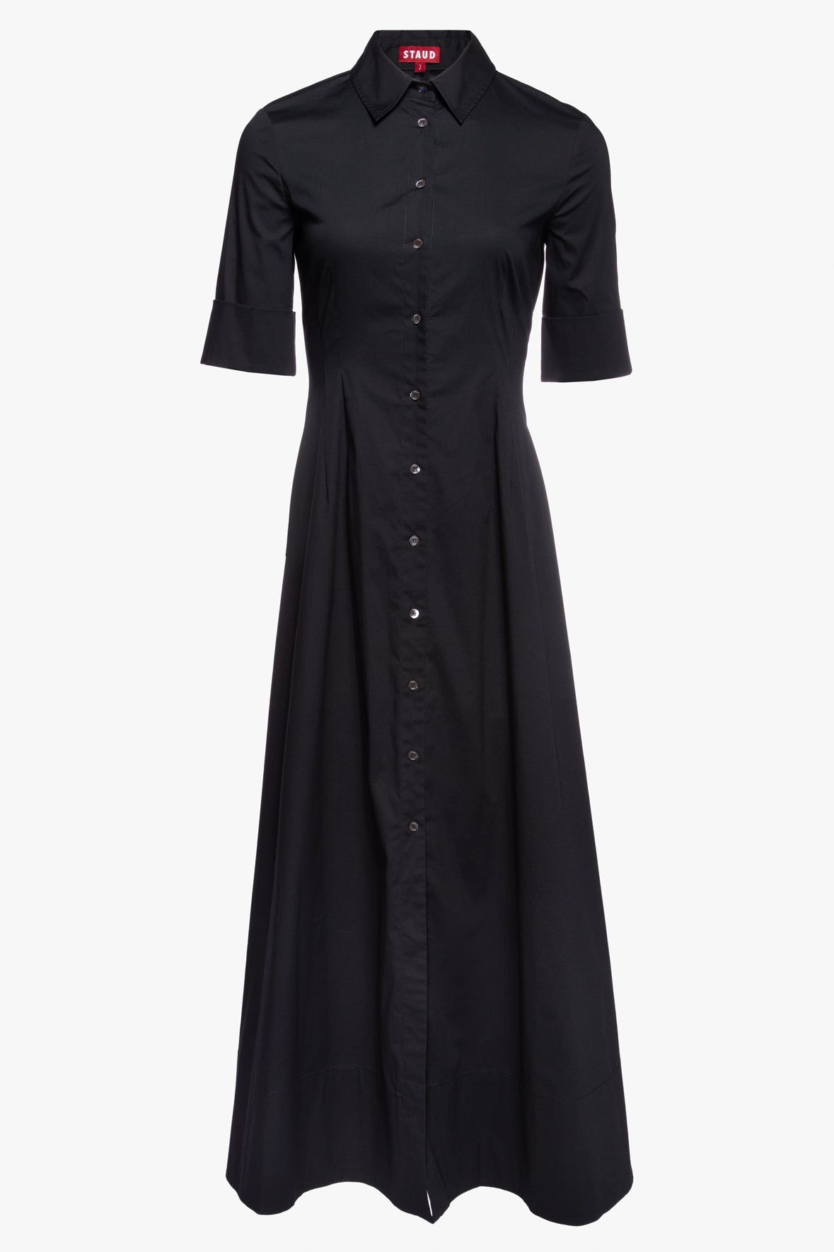 Black button-front maxi dress with short sleeves, flat lay
