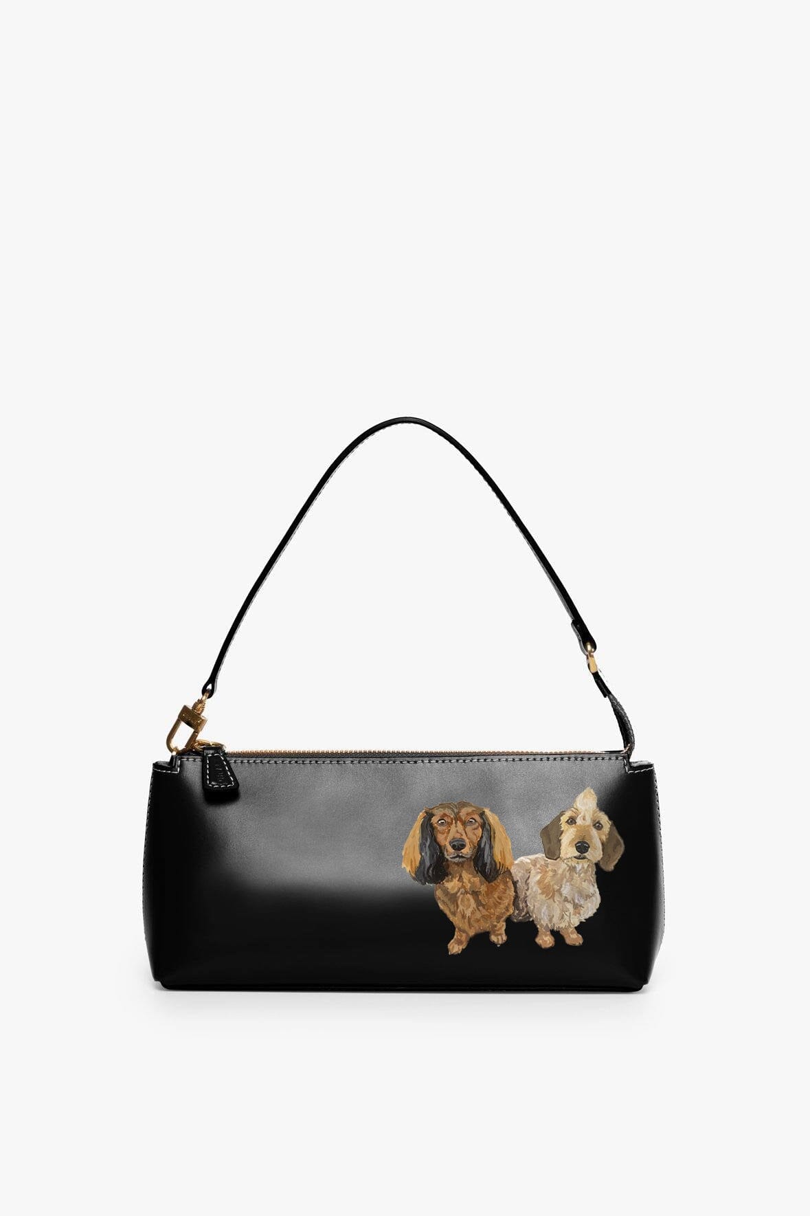 Black Kaia crossbody bag with two-dog photo graphic and gold accents