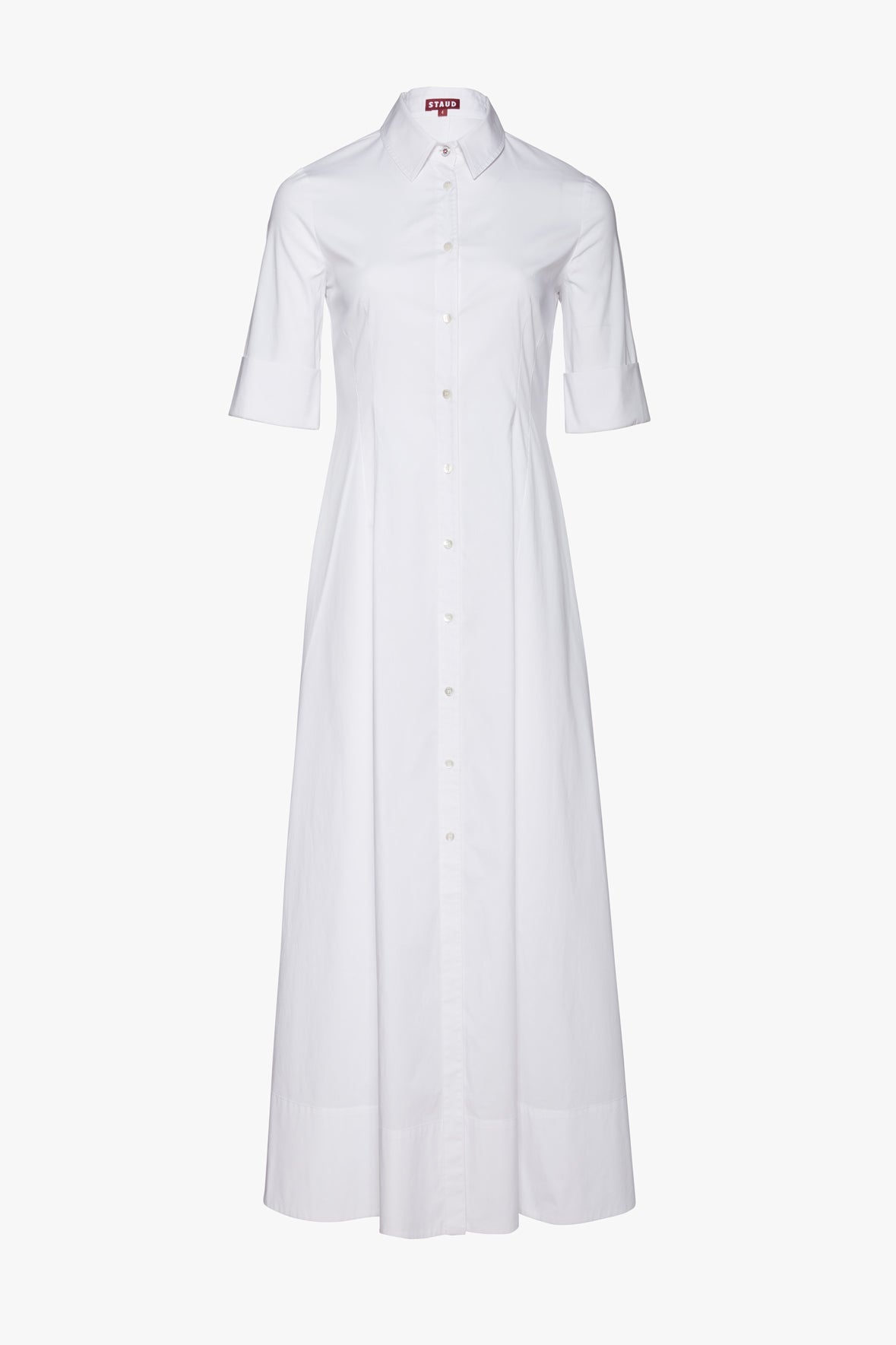 White maxi shirt dress with point collar, short sleeves, button front