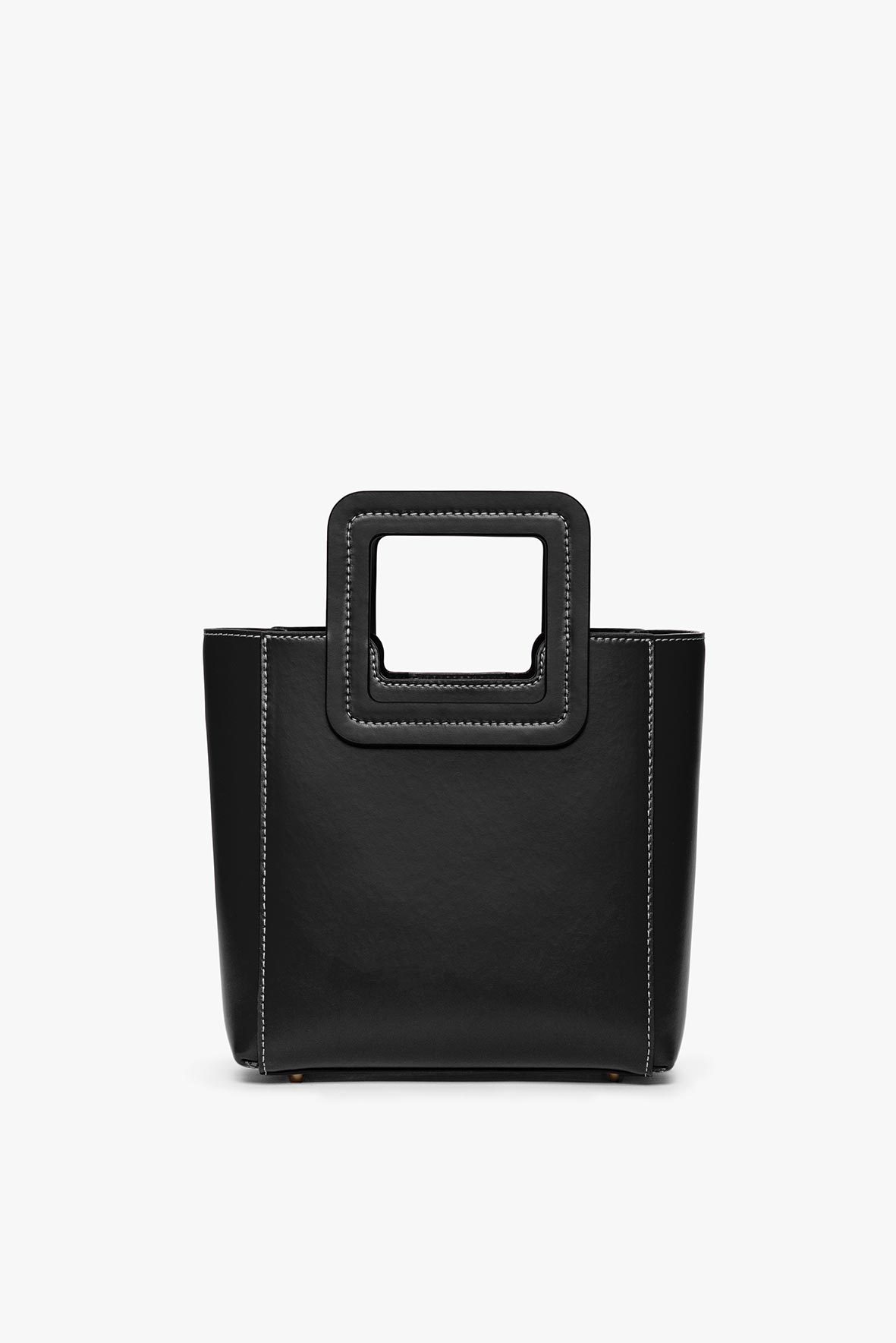 Black leather mini bag with square top handle and contrast-stitched edges