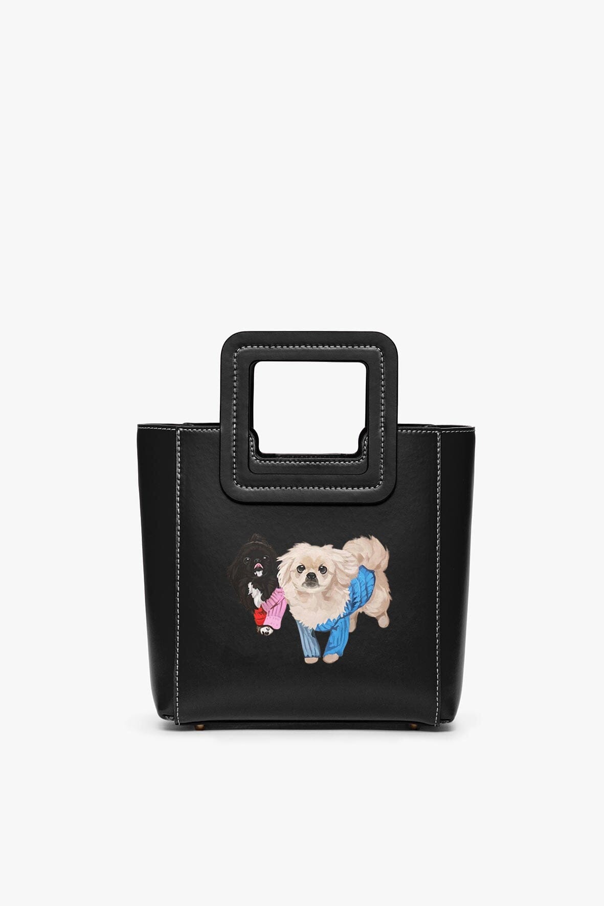 Black mini leather handbag with square handle and embroidered dog applique in blue