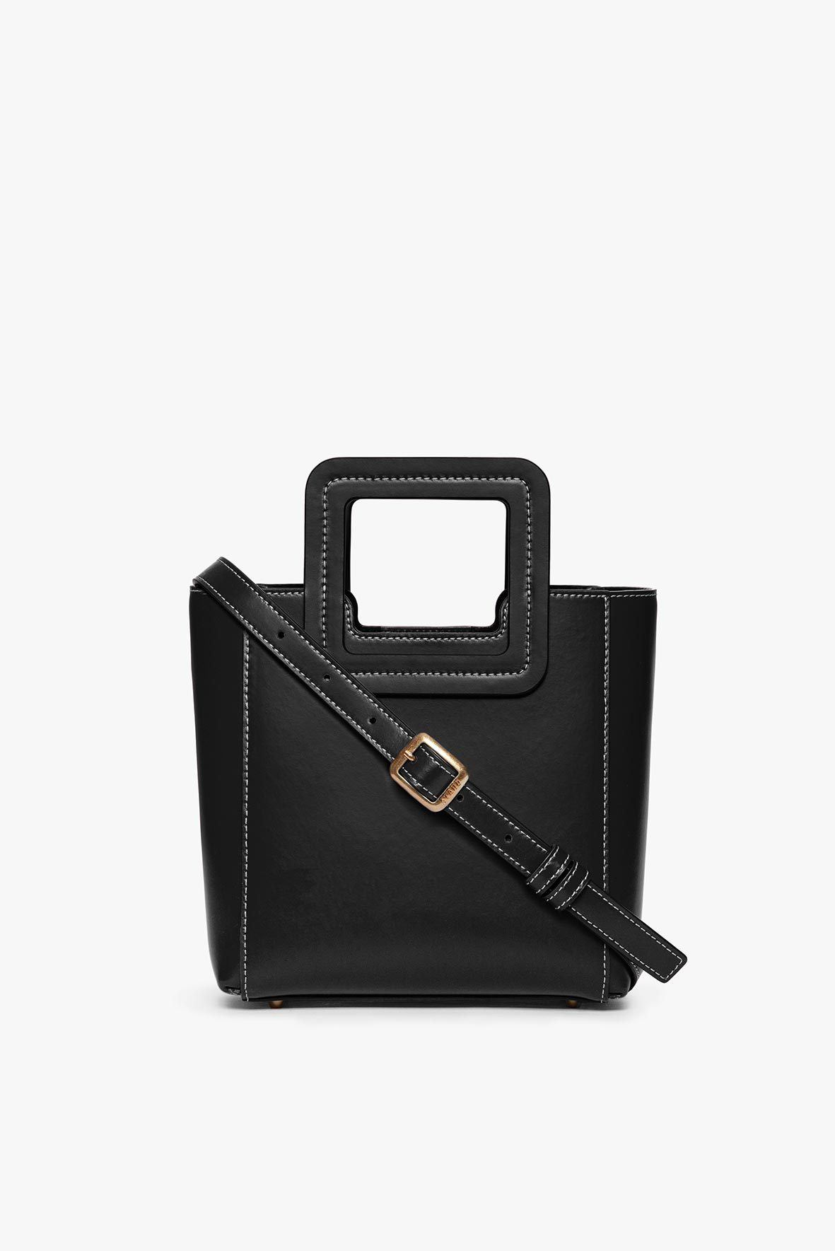 Black leather mini bag with adjustable shoulder strap and gold-tone buckle