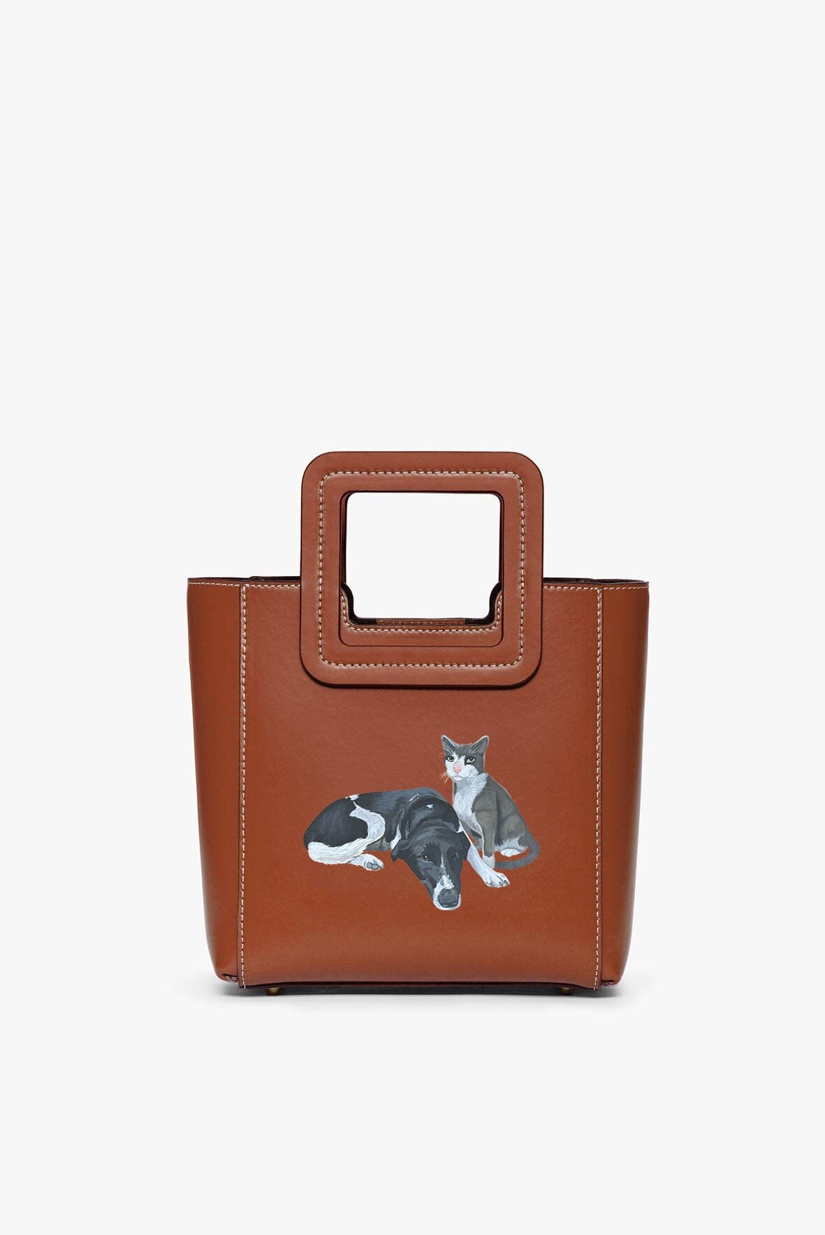 Tan leather mini handbag with top handle and pet portrait patch