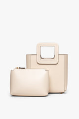 Mini cream leather bag with included small pouch in front, gold hardware