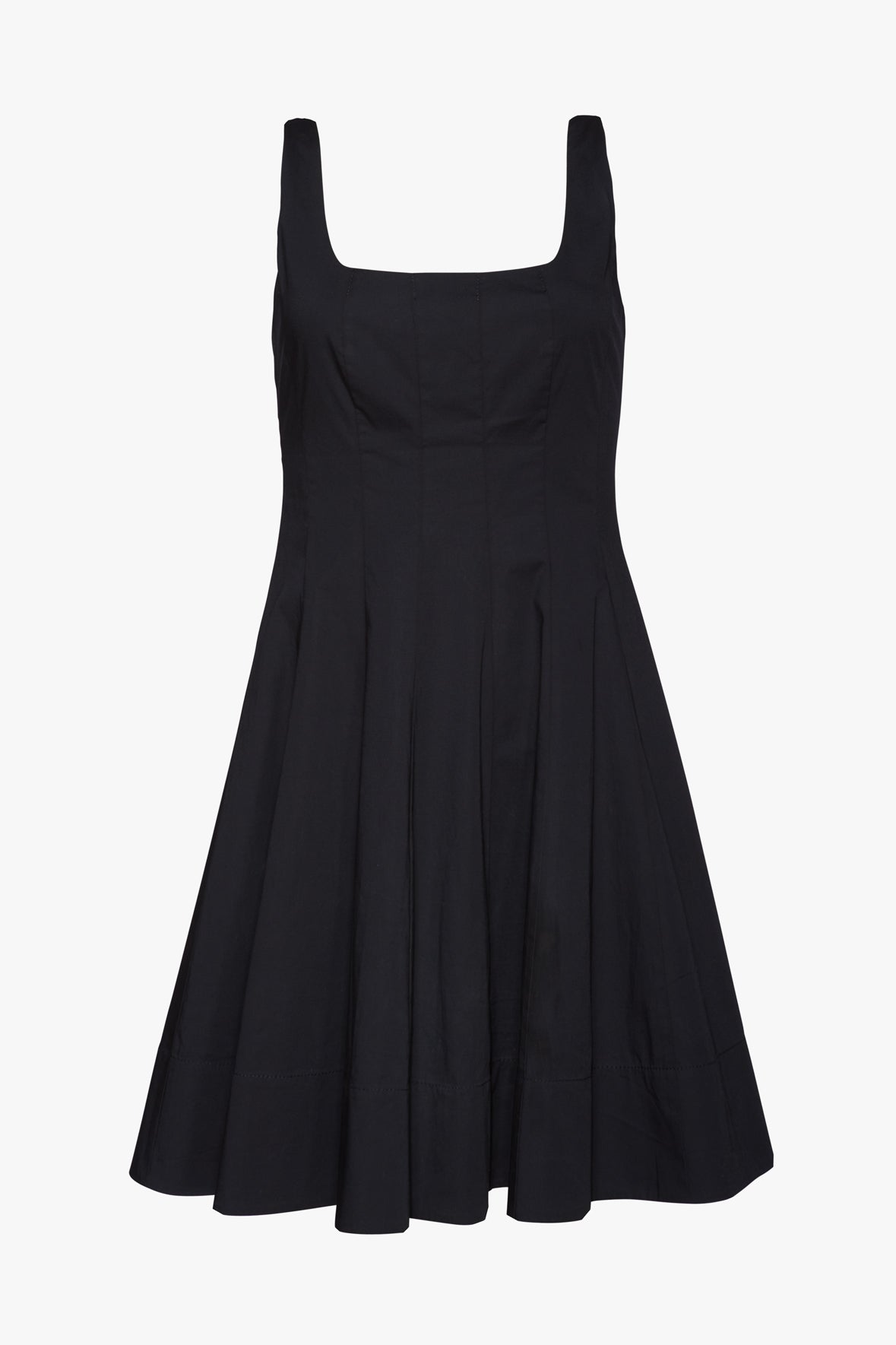 Black sleeveless mini dress with square neckline and pleated skirt