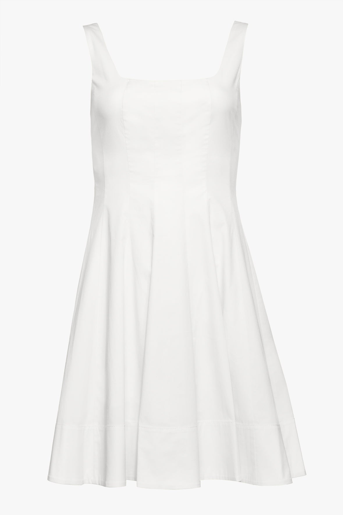 White sleeveless mini dress with square neckline and flared skirt