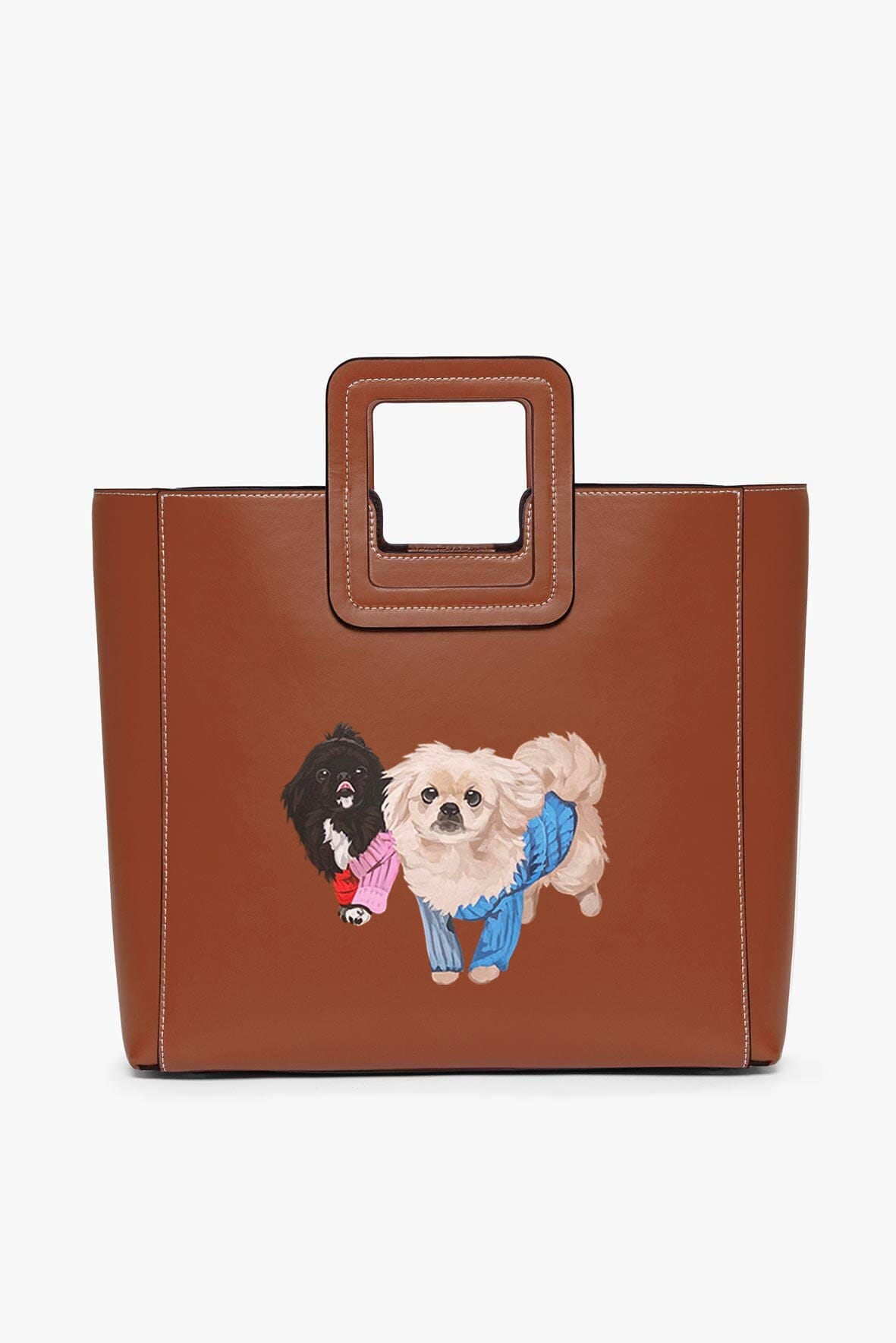 Tan leather handbag with custom pet portrait applique and top handle