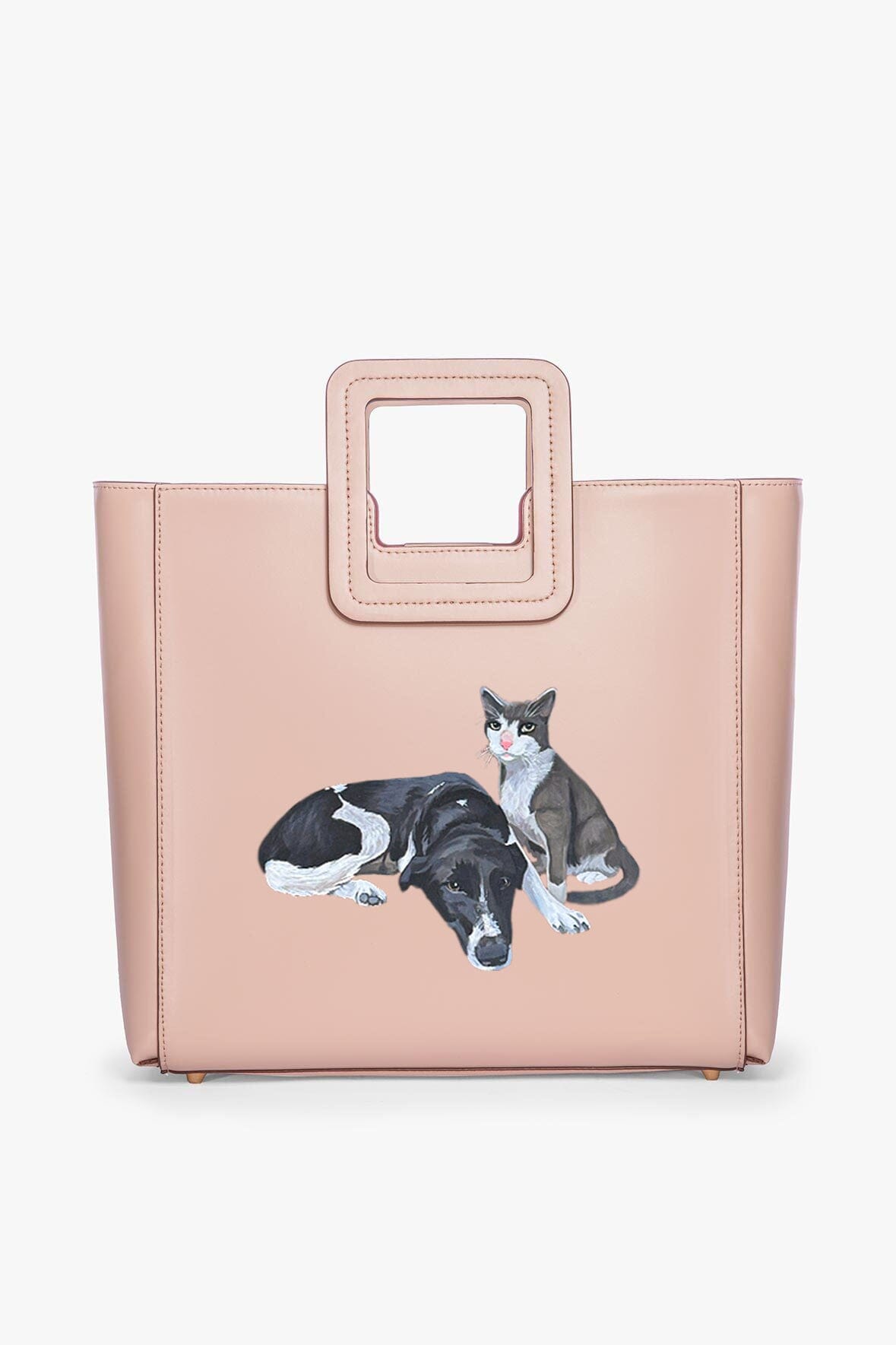 Blush leather tote bag with custom cat and dog pet graphic