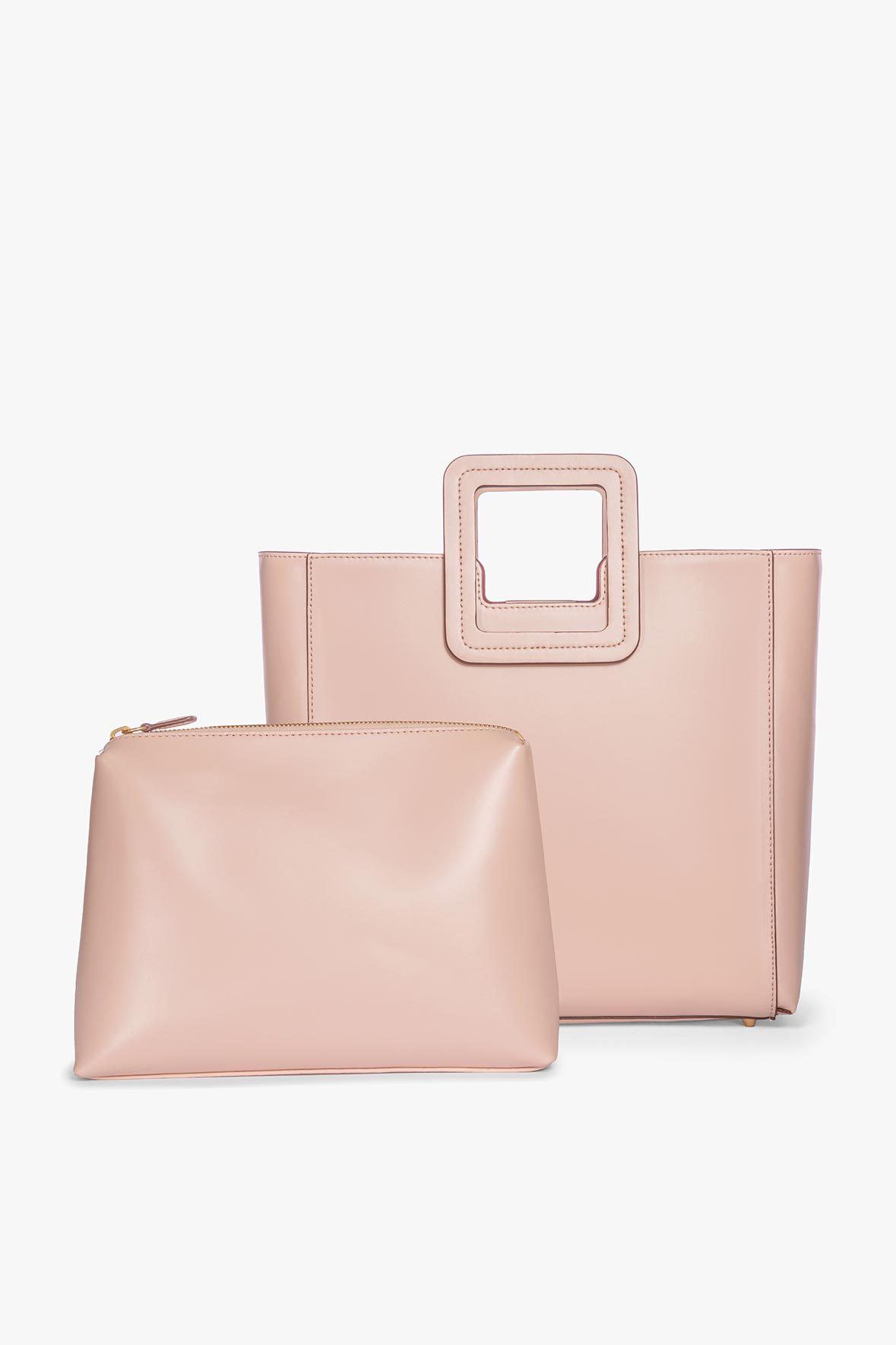 Blush leather tote bag with small matching pouch accessory