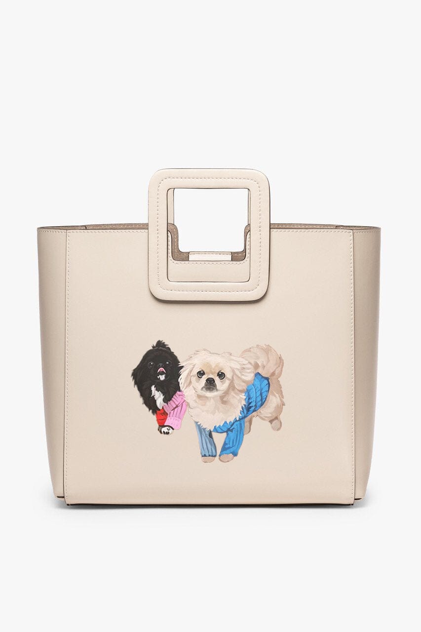 Cream leather tote bag with top handle and custom pet photo graphic