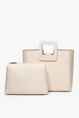 Cream leather tote with matching small pouch and zip top
