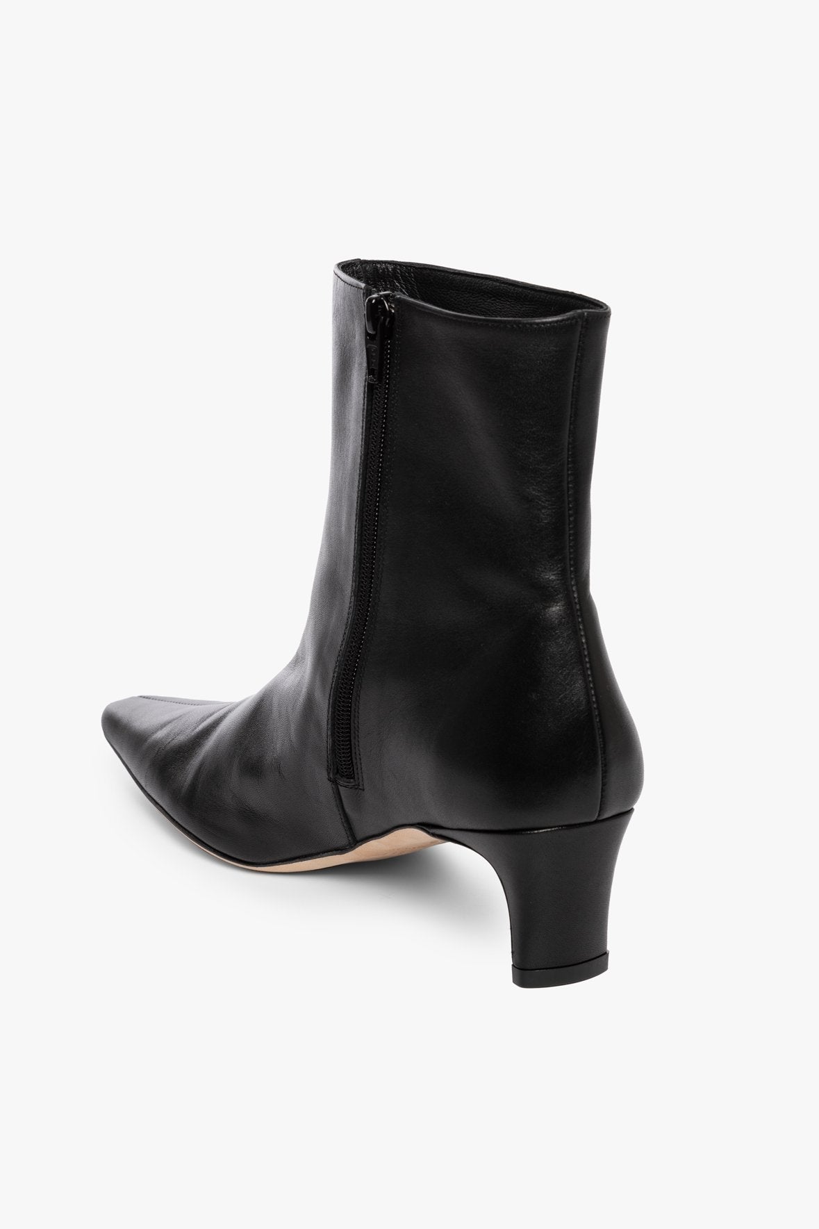 Black ankle boot with pull-on opening and low block heel