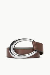 Mahogany brown leather wrap belt with large silver oval buckle and keeper