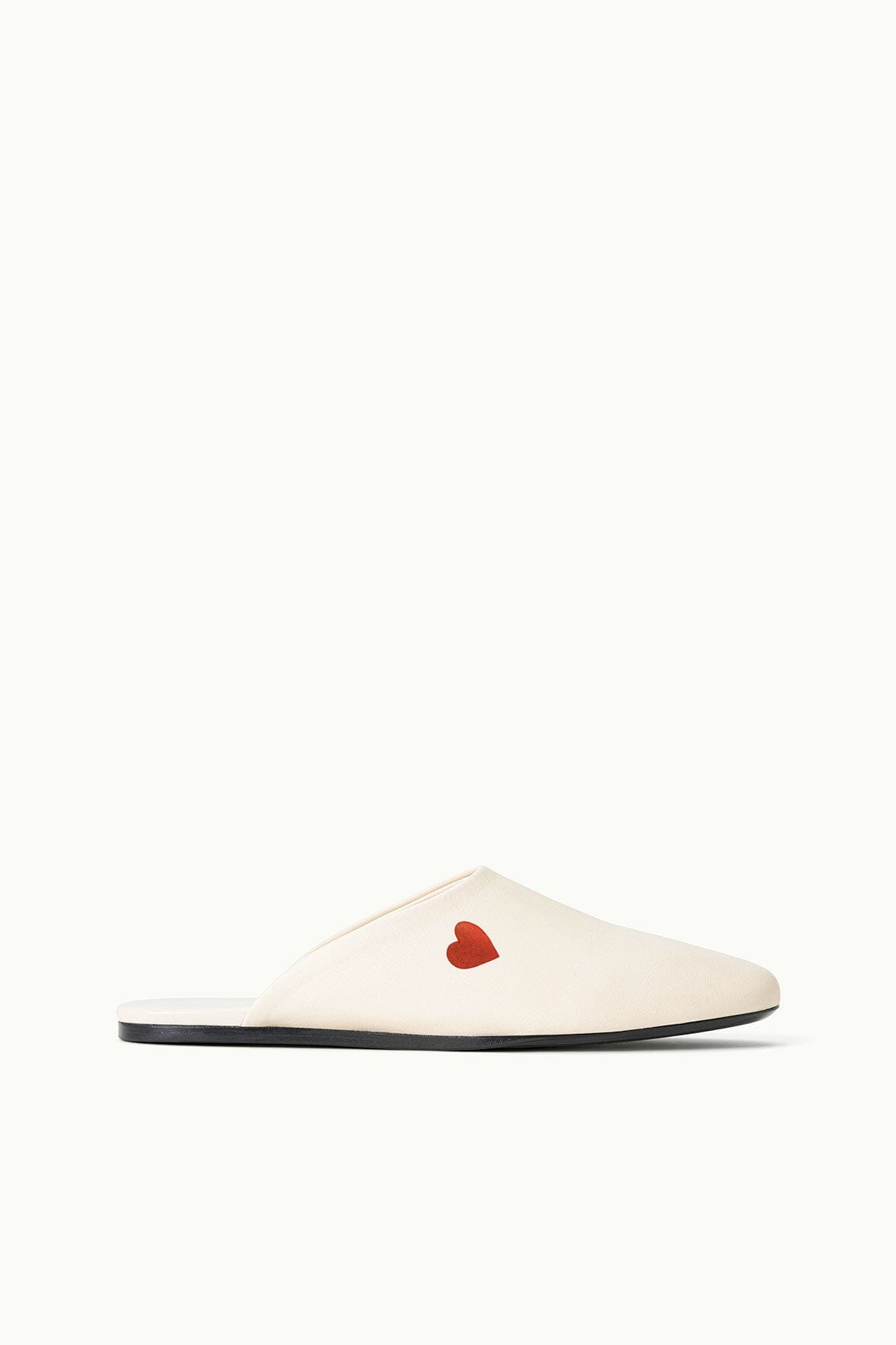 Cream slipper slide with red heart applique and black sole