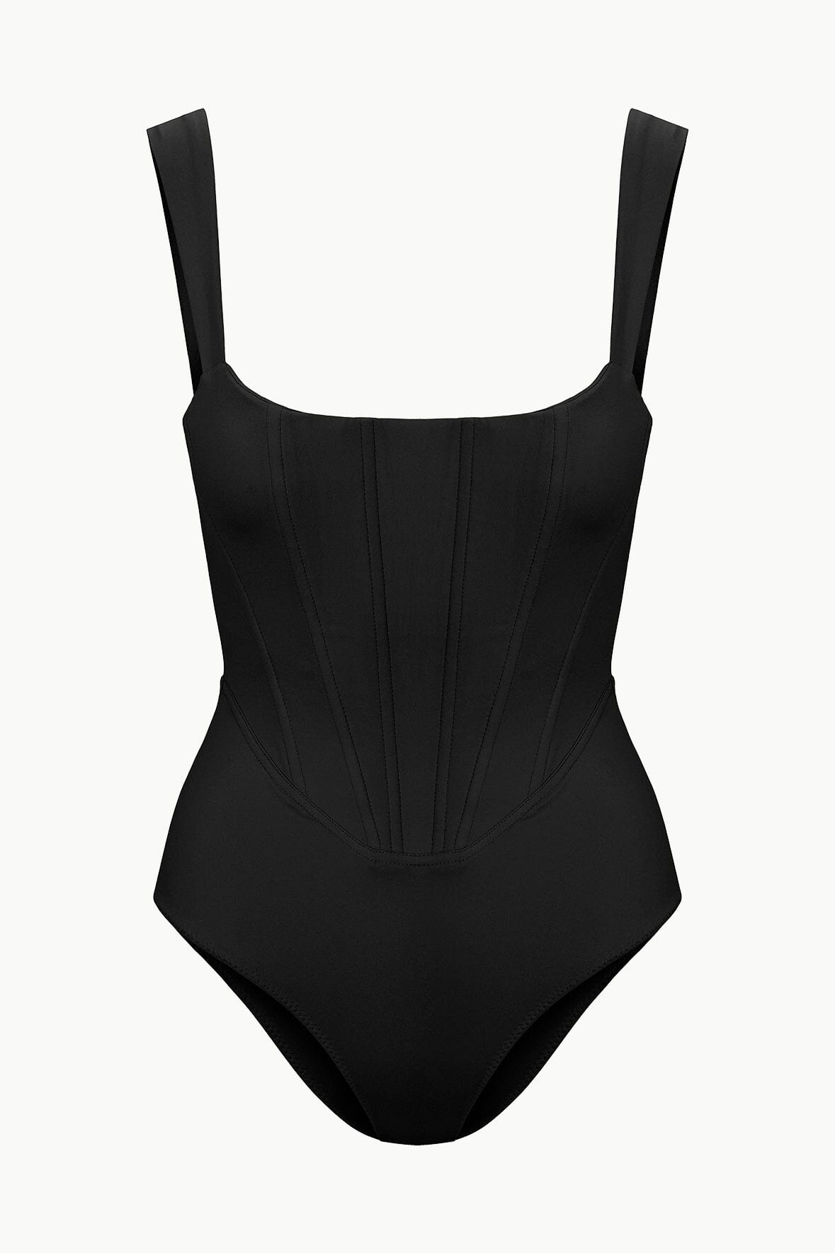 Black one-piece swimsuit with square neckline and fitted corset bodice