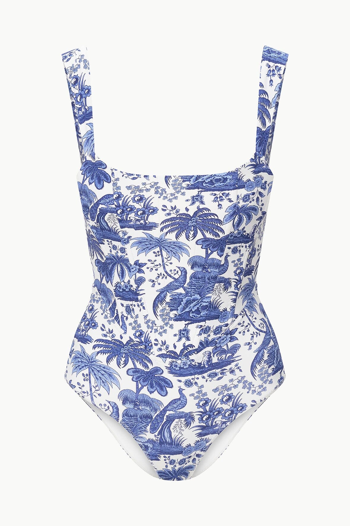 Blue toile one-piece swimsuit with square neckline and thin adjustable straps