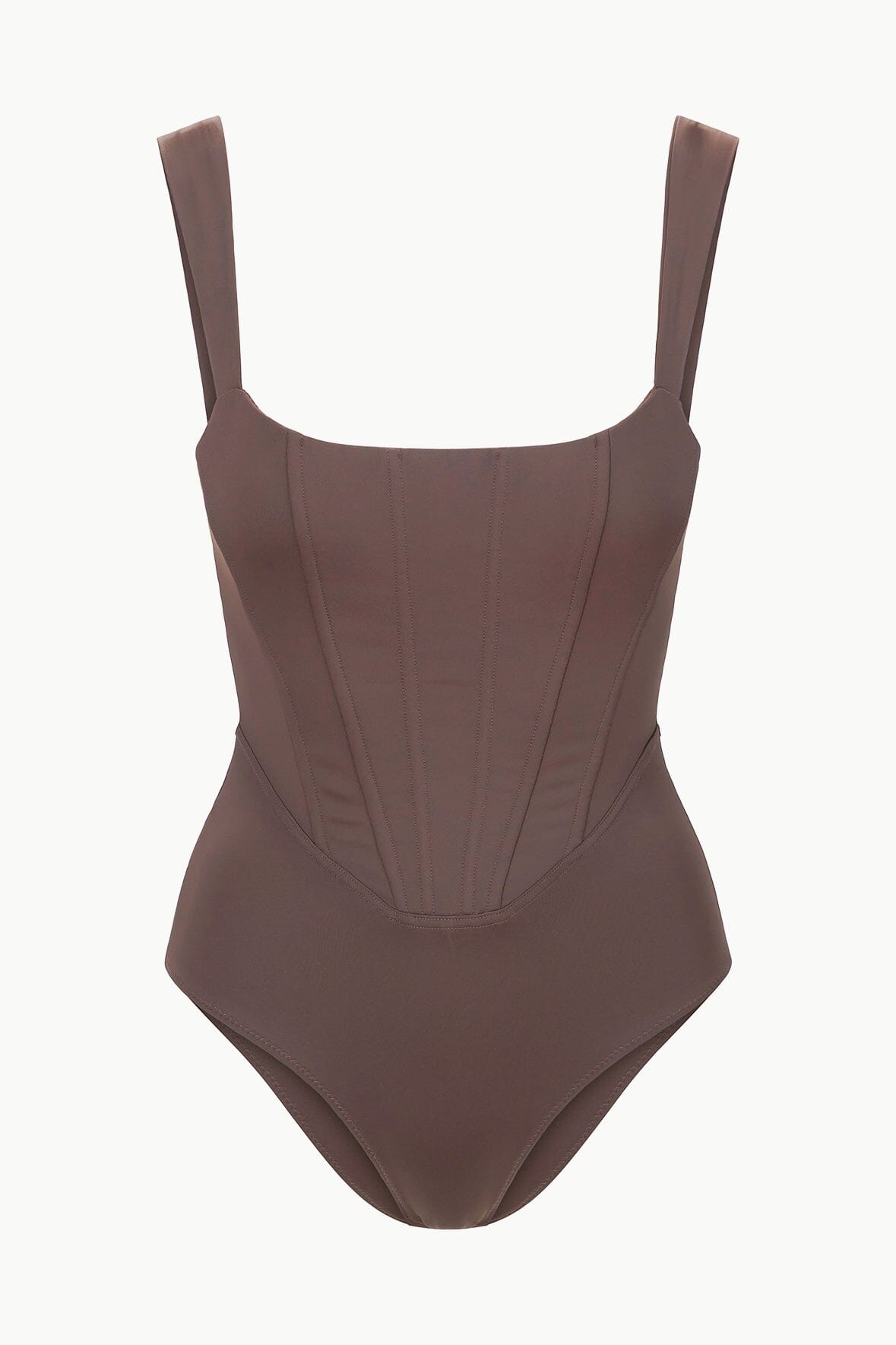 Dark chocolate one-piece swimsuit with square neckline and thin straps