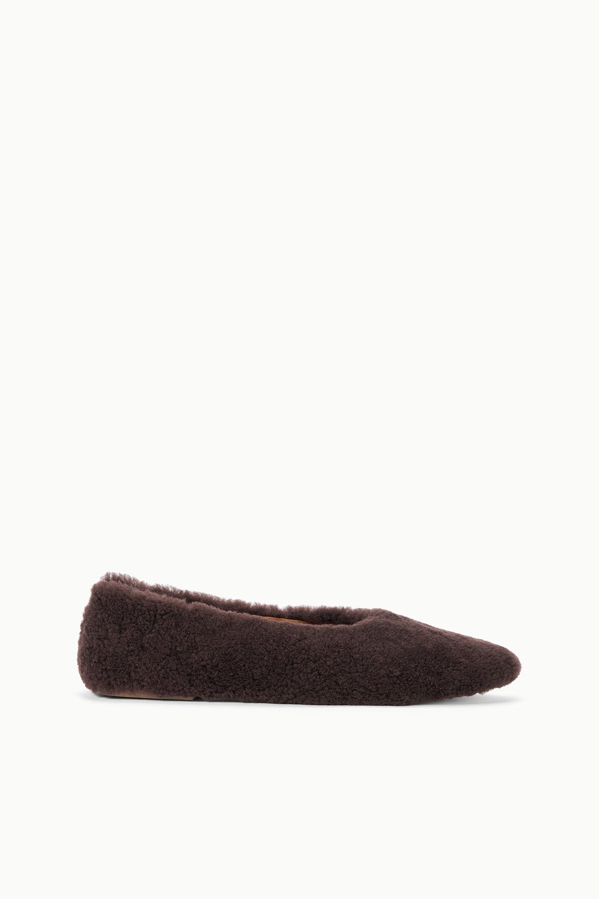 Espresso shearling ballet flat with low profile and rounded toe