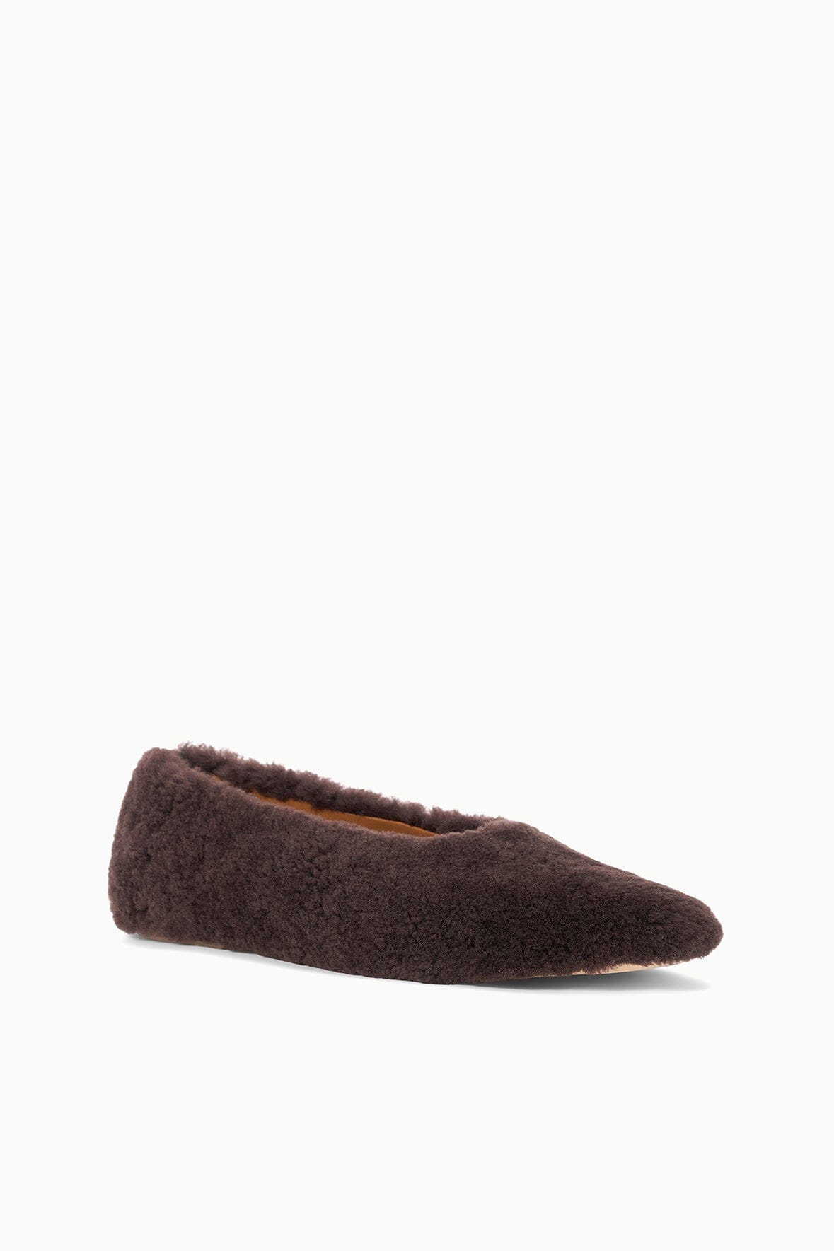 Espresso brown shearling ballet flat, side view with soft fur upper