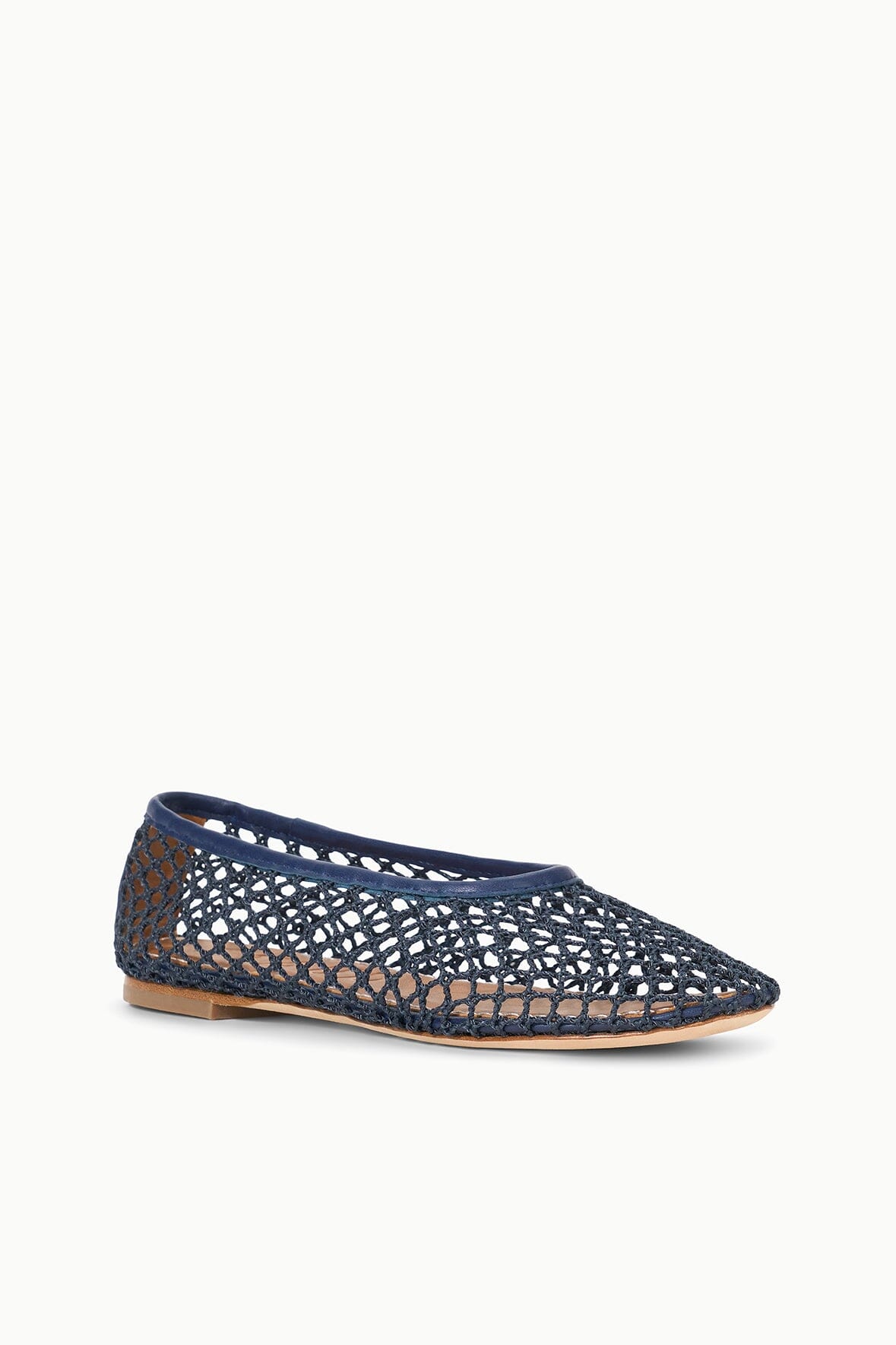 Navy mesh ballet flat side view with rounded toe and low sole