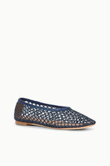 Navy mesh ballet flat side view with rounded toe and low sole