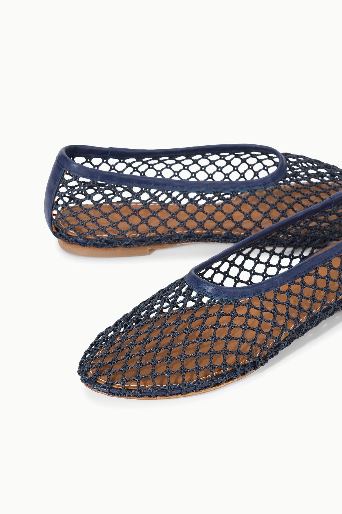 Navy mesh ballet flats with rounded toe and detailed net pattern at vamp