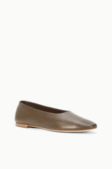 Truffle-brown ballet flat with smooth upper and low stacked sole