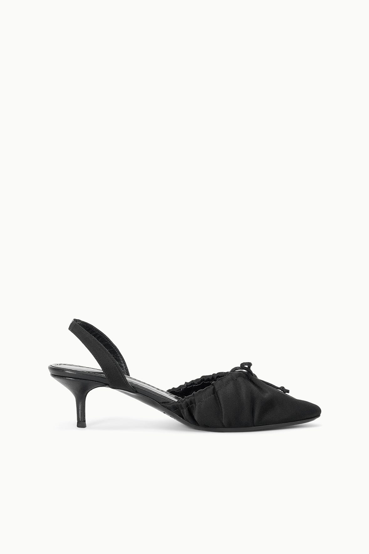 Black satin ballet slingback heels with crisscross bow detail and low stiletto heel