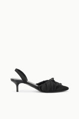 Black satin ballet slingback heels with crisscross bow detail and low stiletto heel