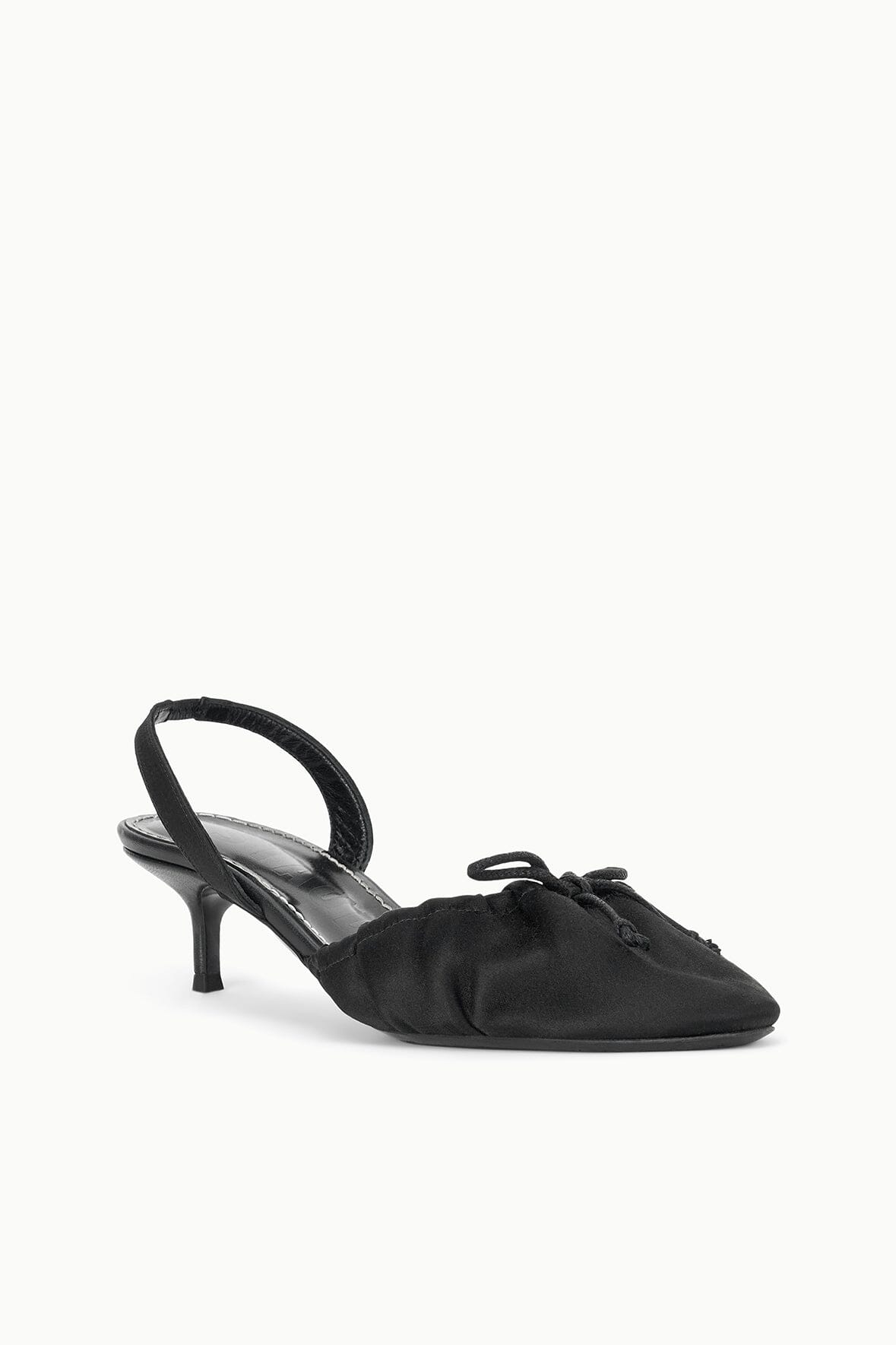 Black satin ballet slingback heels with ruched bow vamp and low stiletto heel