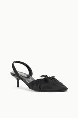Black satin ballet slingback heels with ruched bow vamp and low stiletto heel