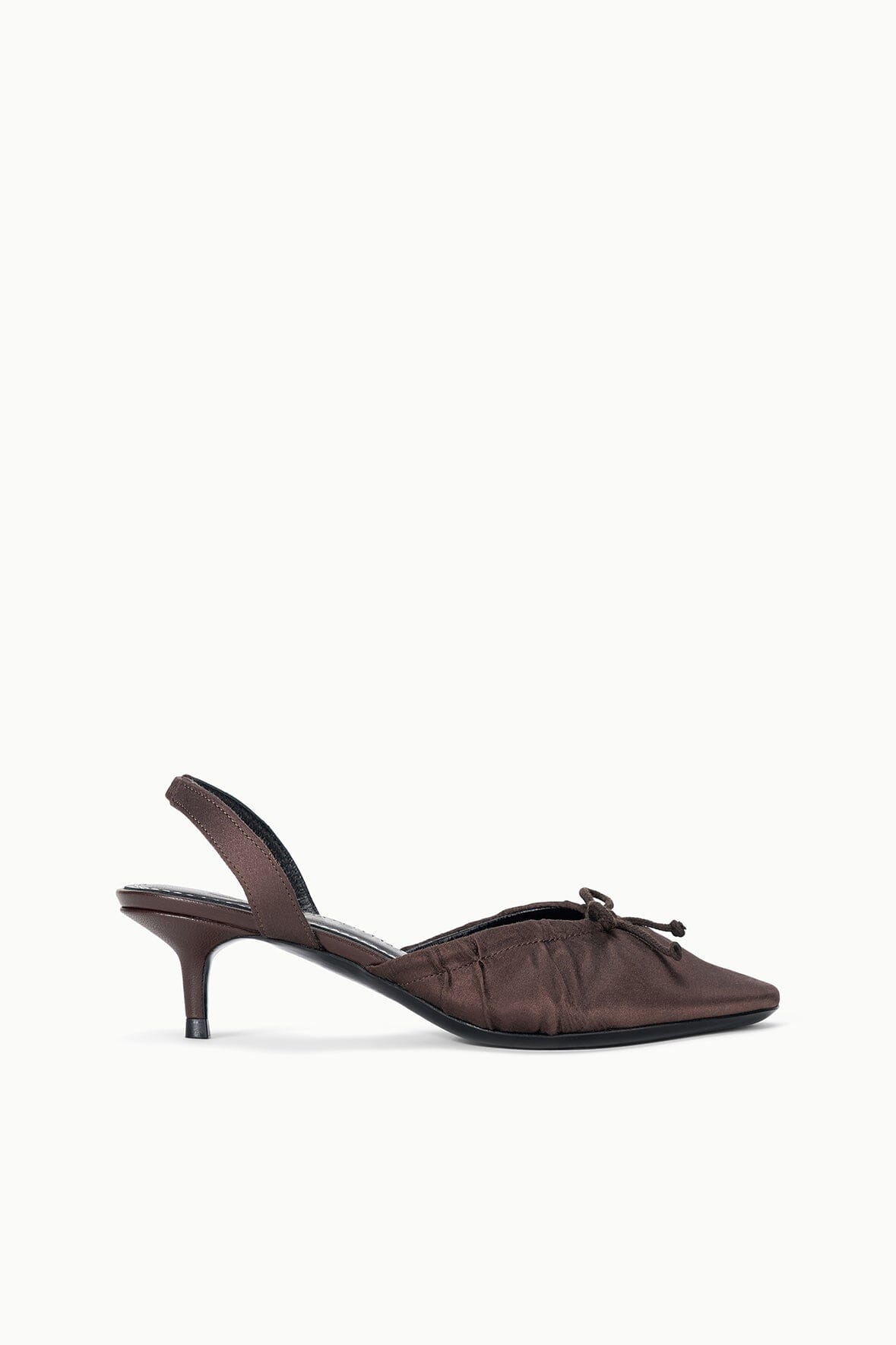 Espresso satin slingback ballet heels with dark bow detail and slim heel