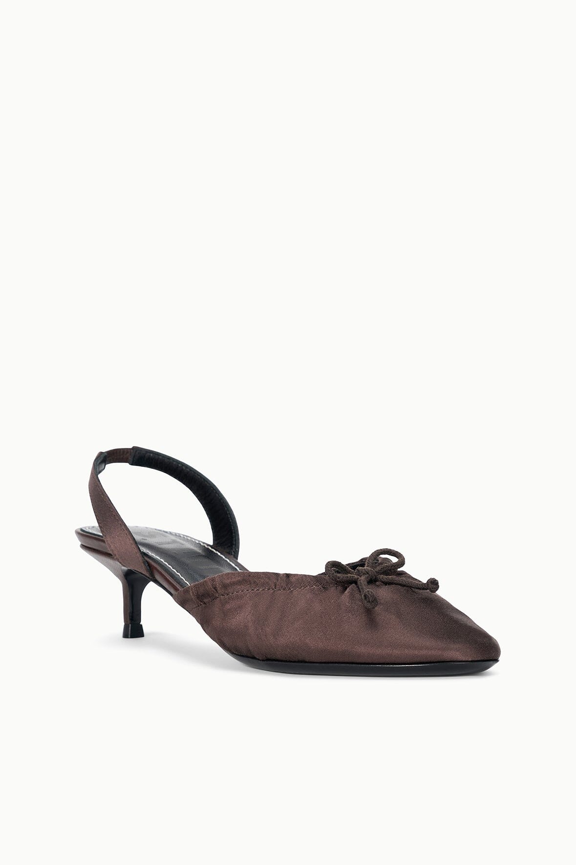Espresso satin slingback ballet heels with crisscross bow on the upper