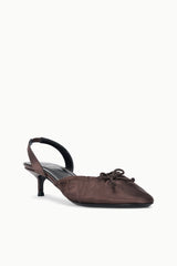 Espresso satin slingback ballet heels with crisscross bow on the upper
