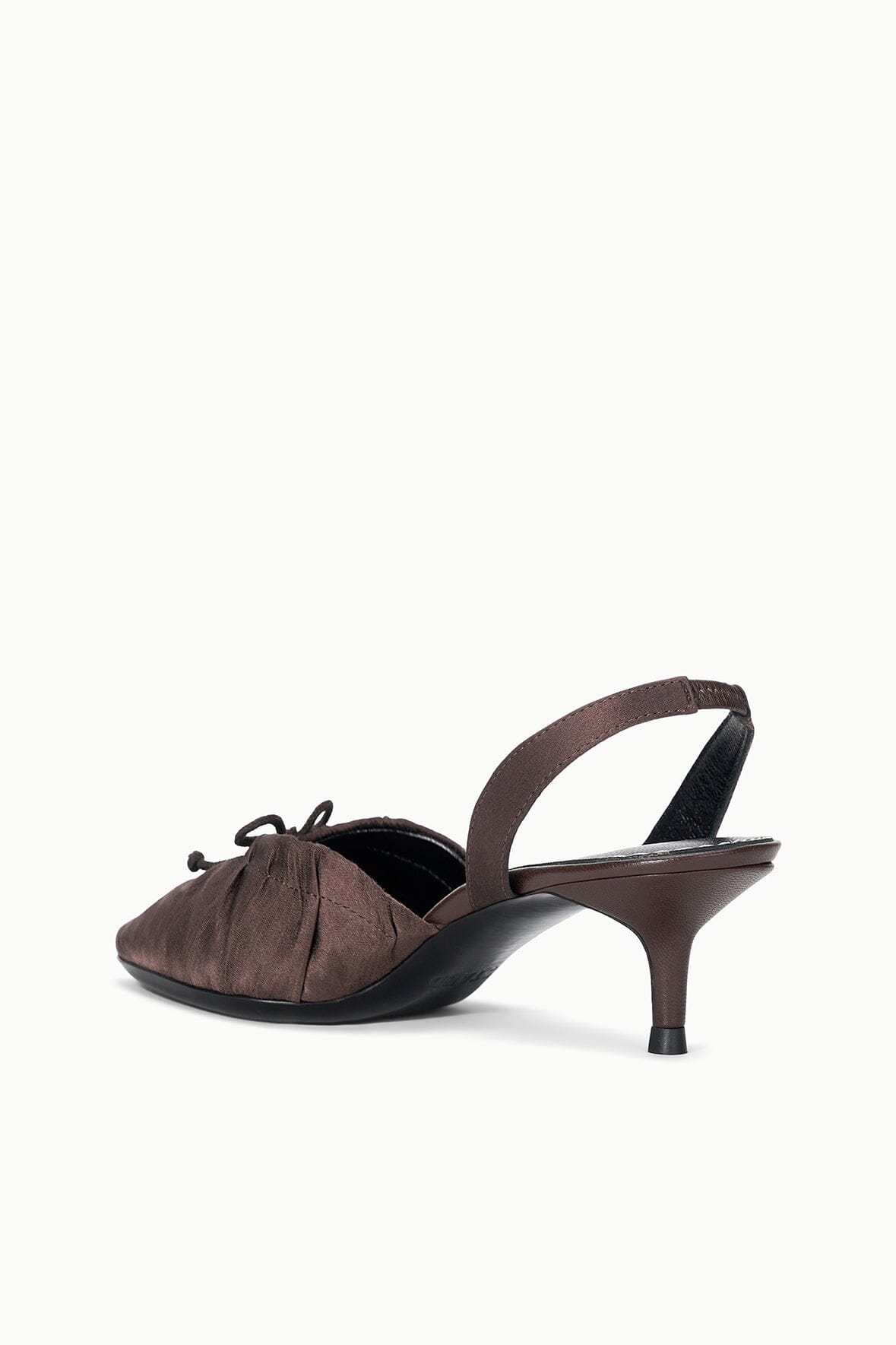 Espresso satin slingback ballet heels with V-cut toe and slingback strap