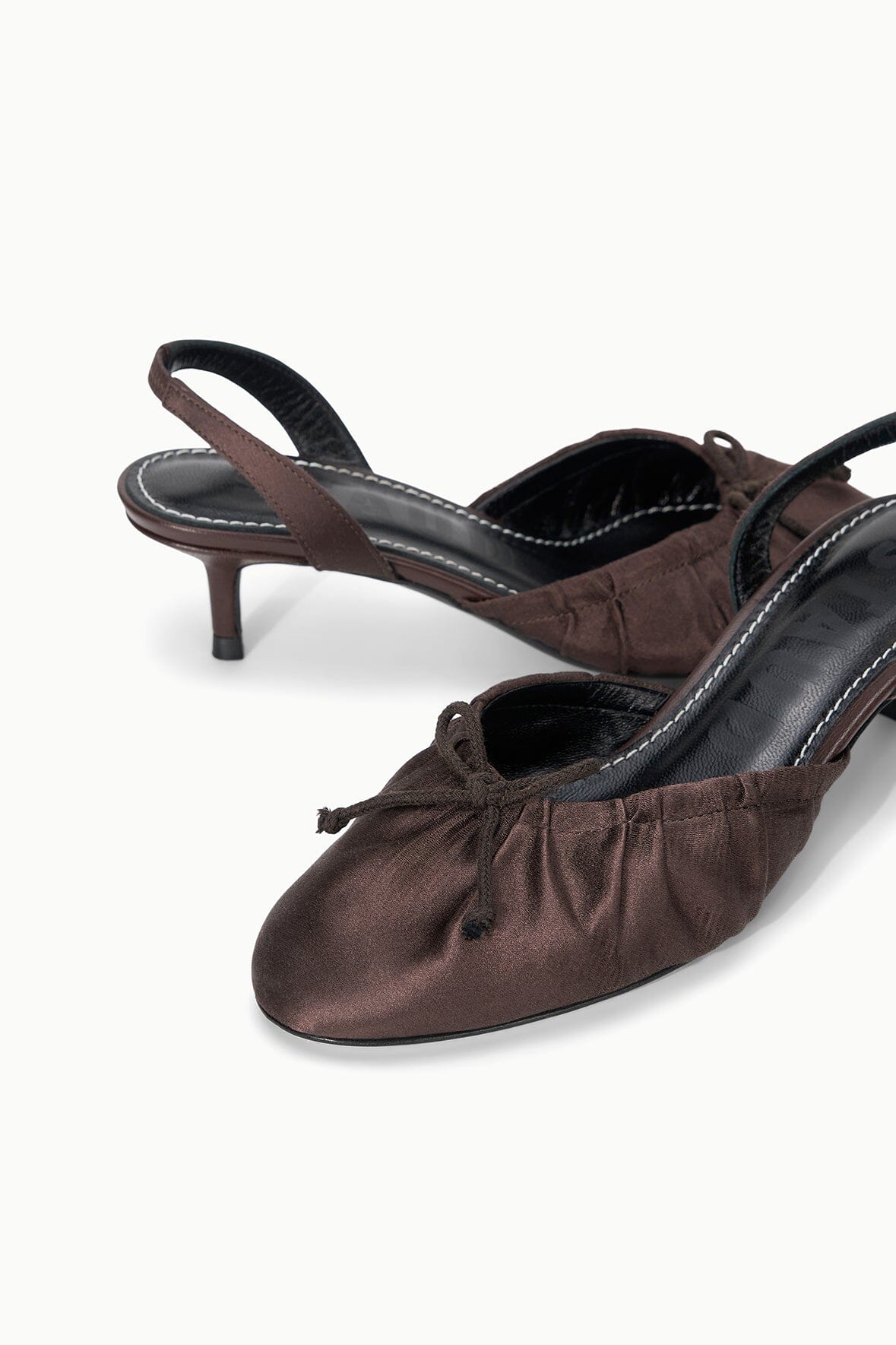 Espresso satin slingback ballet heels, open side view with bow-tie upper