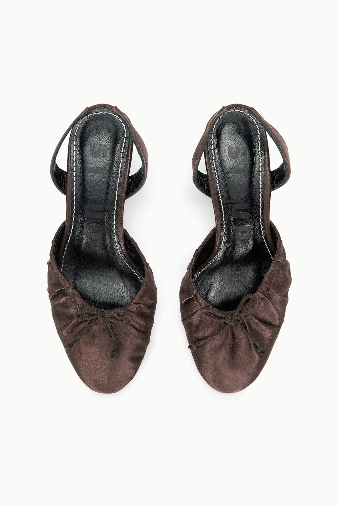 Espresso satin slingback ballet flats heels, top and inner lining view