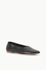 Black ballet flat, low profile slip-on, tan outsole edge