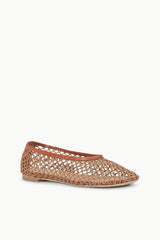 Tan netting ballet flat with rounded toe and brown trim