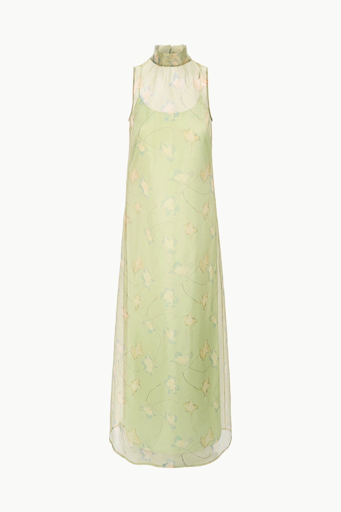 Sleeveless botanical maxi dress in light green with high neck and sheer overlay