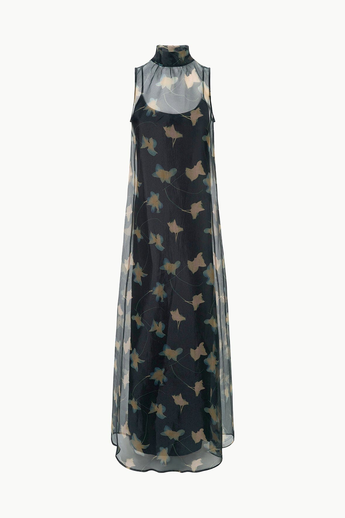Sleeveless maxi dress in dark navy with pale botanical bird print, sheer overlay