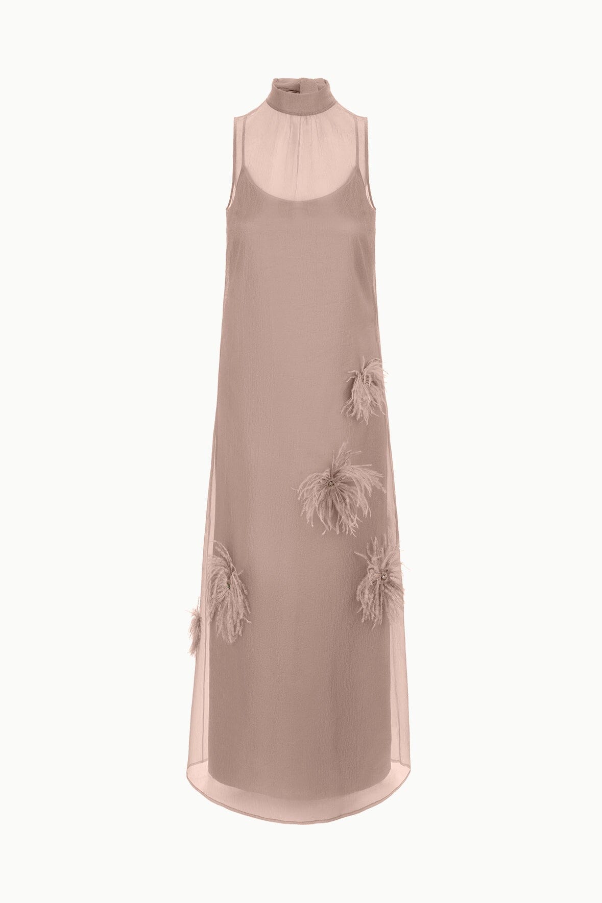 Sleeveless truffle dress with high neck and feather appliques